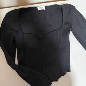 Celine Elegant Black Ribbed Blouse